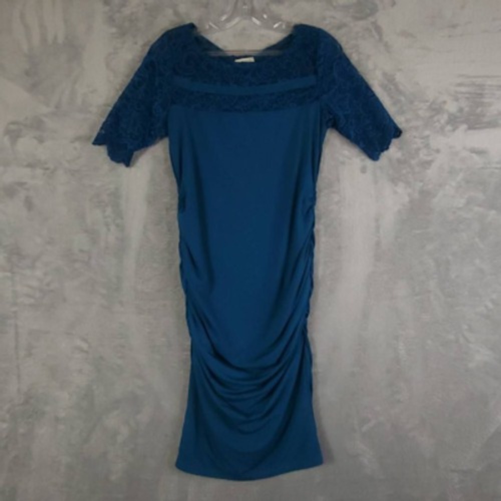 Kimi + Kai Dress Womens Bodycon Solid Blue‎ Scoop Neck Short Sleeve Ruched S New